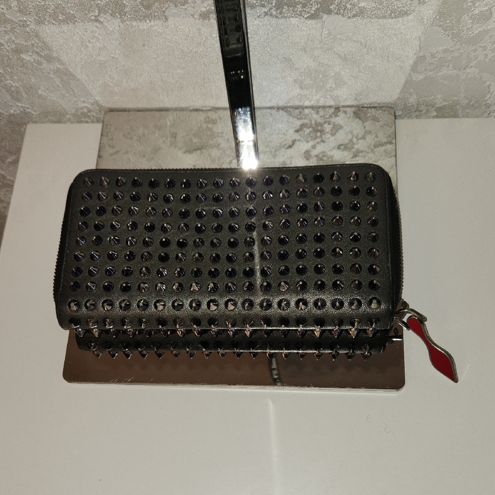 Christian Louboutin Black Studded Zip Wallet with Red Charm 555